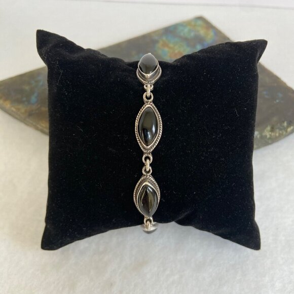 Sterling Silver Southwest Style Marquise Black Onyx Link Bracelet 6"-6.75" - Picture 2 of 16
